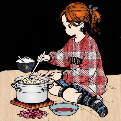 girl with sweatshirt and socks cooking, very realistic