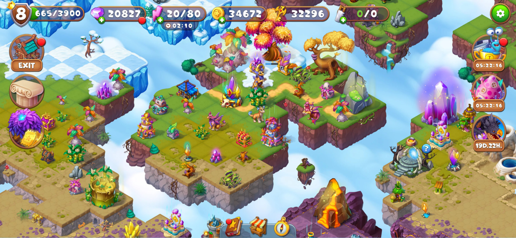 Mergest Kingdom: merge puzzle - Gameplay screenshot of Mergest Kingdom featuring colorful floating islands with fantasy items and dragons