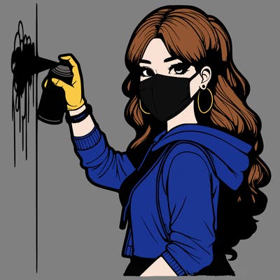 realistic girl with mask spray painting a wall