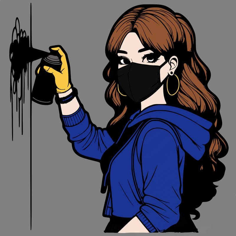 realistic girl with mask spray painting a wall
