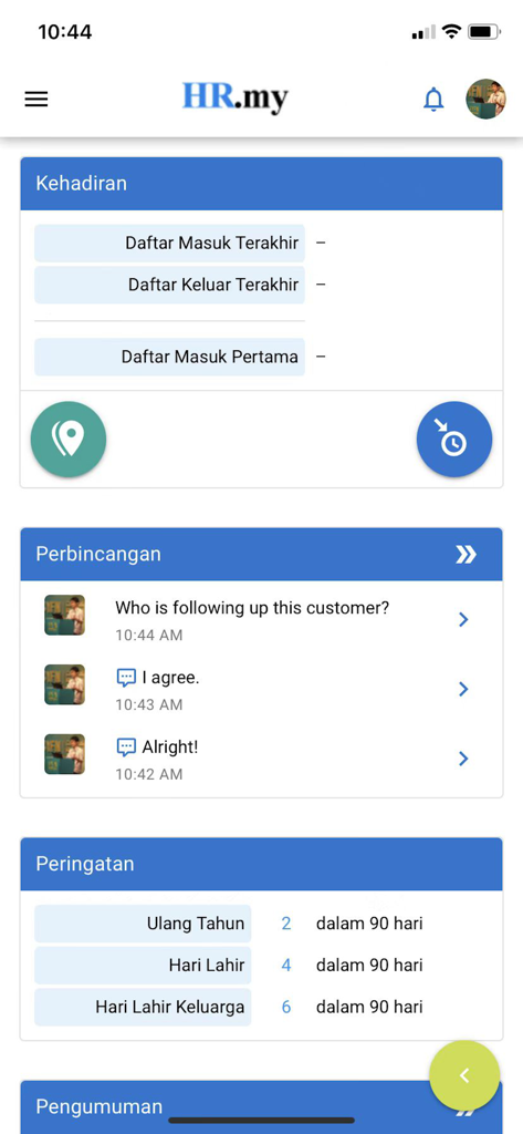 HR.my Mobile app dashboard displaying attendance tracking and internal team discussion modules