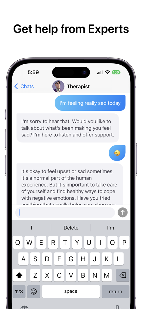 Interface d'application mobile montrant une conversation avec un expert thérapeute IA fournissant soutien et conseils.