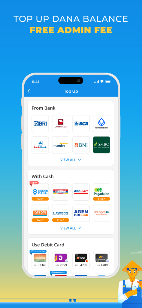 DANA Dompet Digital Indonesia - Interface do aplicativo DANA mostrando várias opções de recarga, incluindo bancos indonésios, caixas e cartões de débito com promoção de taxa administrativa gratuita