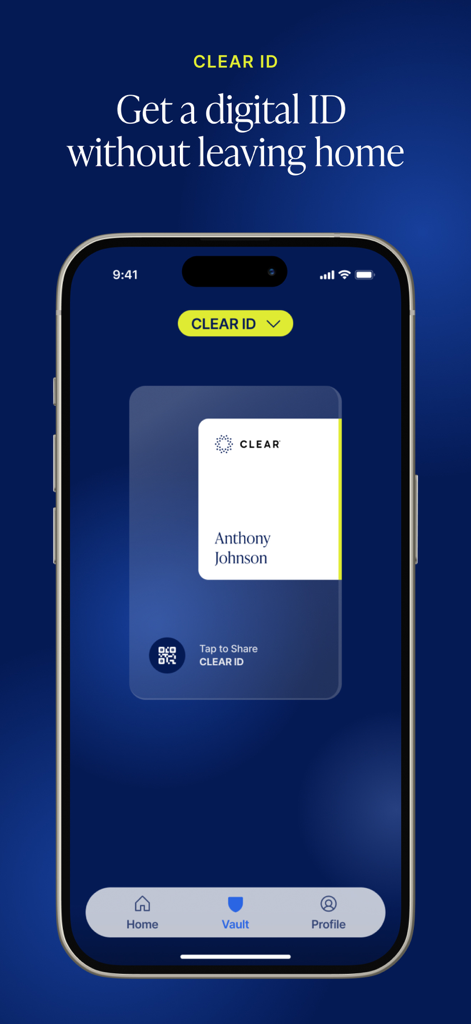 Smartphone screen displaying the CLEAR app digital ID interface.