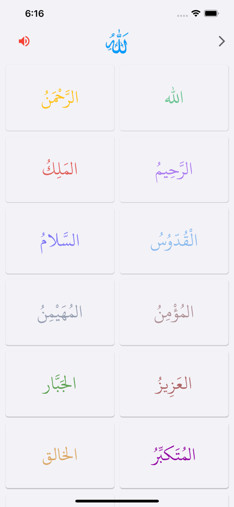 Noor - نور - A colorful grid displaying the 99 names of Allah in the Noor app.