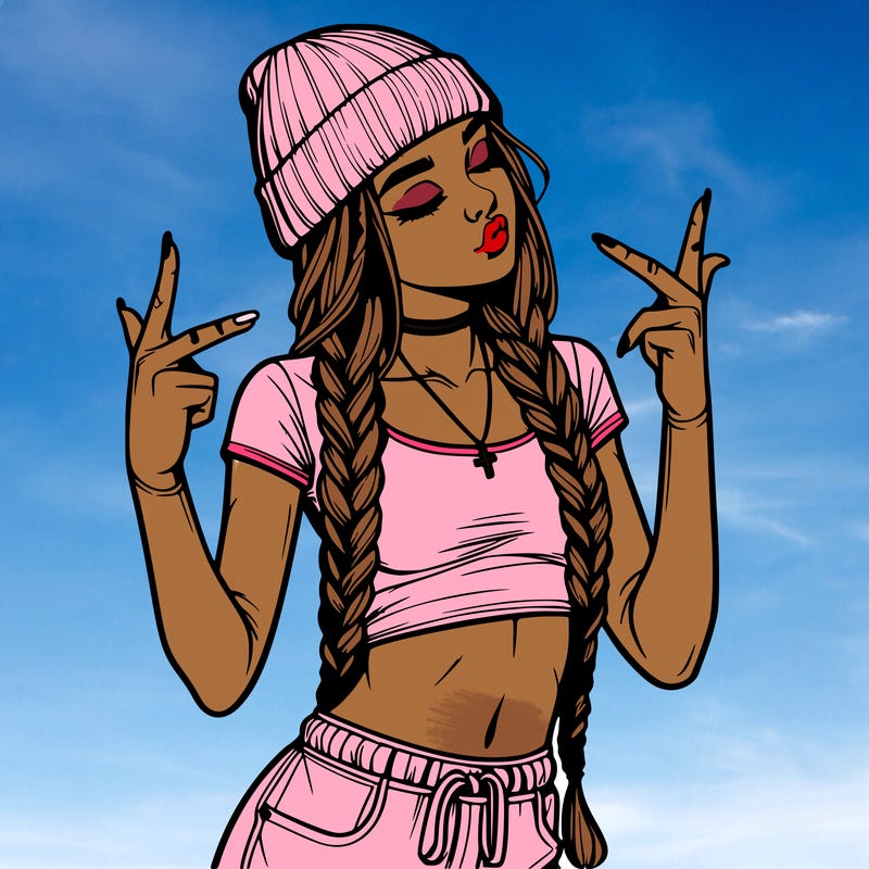 realistic teenage girl with braids and a beanie and crop top doing 🫶🏼