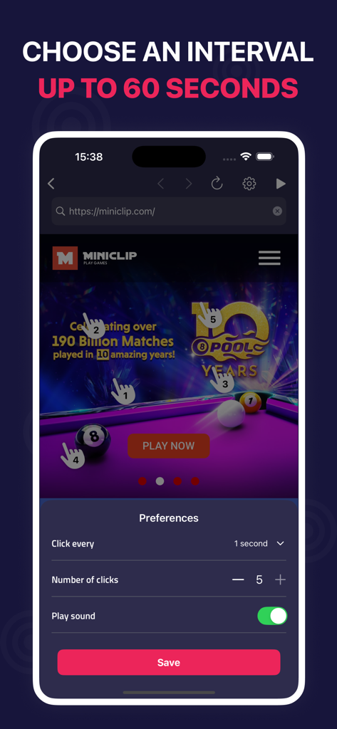 AutoClicker - Automatic Tapper - Interface for setting auto-click intervals and multiple click points on a mobile game website