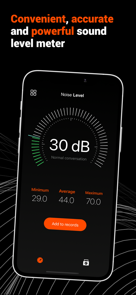Noise Level: dB tracker - A smartphone screen displaying the Noise Level app interface with a 30 decibel measurement and noise statistics.