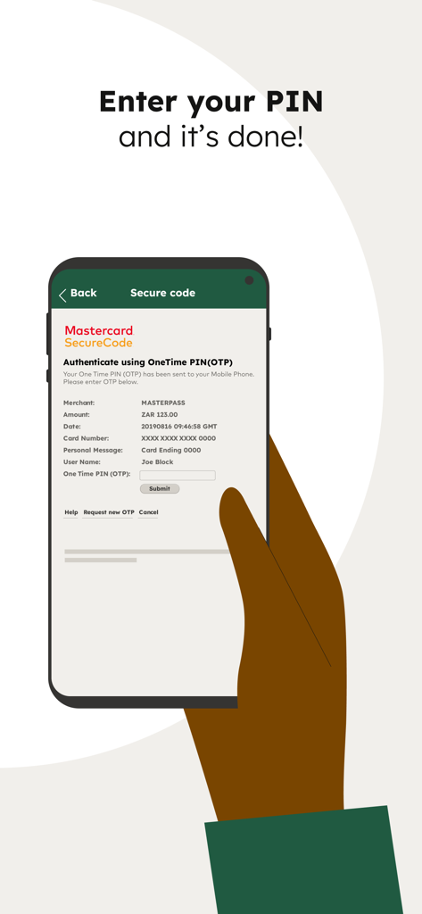 Mobile app screen for Mastercard SecureCode authentication using a One Time PIN