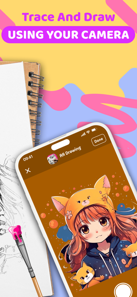 AR Drawing: Simply Draw, Trace - Smartphone screen showing an anime character for tracing and drawing using augmented reality on a sketchbook