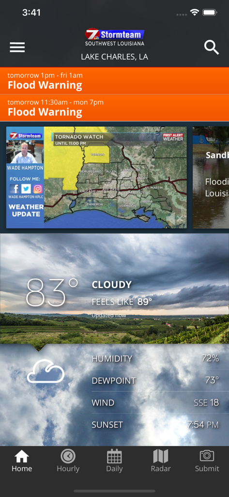 KPLC 7 First Alert Weather app home screen for Lake Charles showing flood warnings and tornado watch map