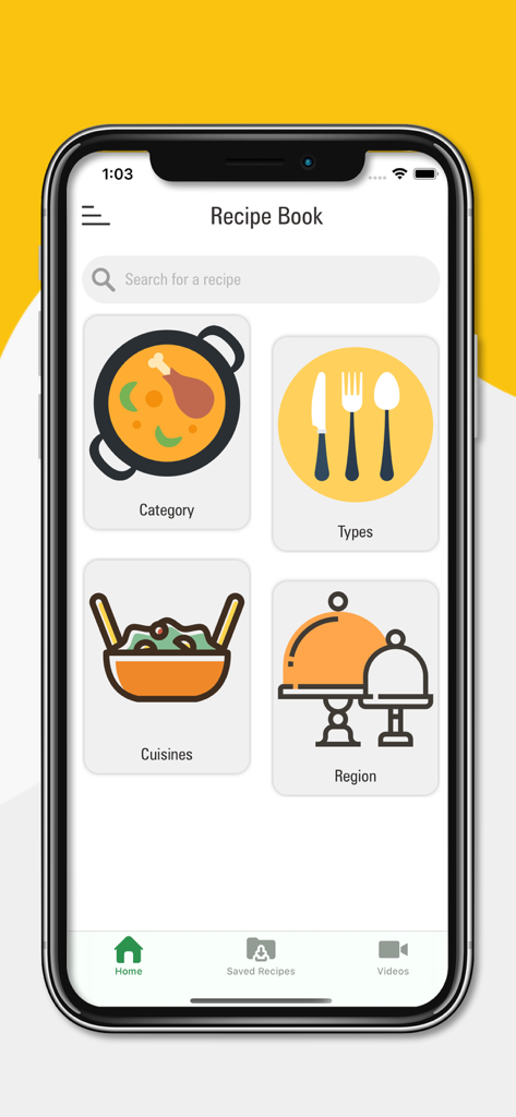 Easy Kitchen Recipes - Home screen of the Easy Kitchen Recipes app showing recipe search and food categories like cuisines and regions