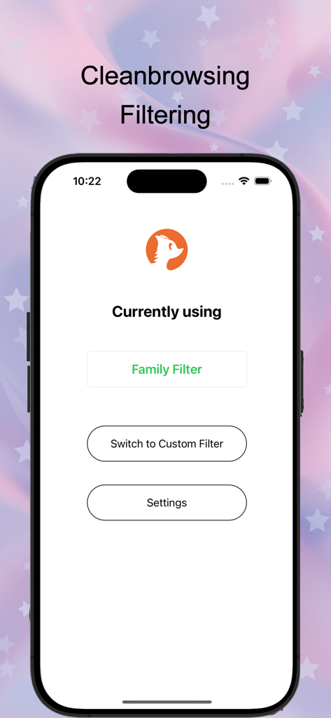 CleanBrowsing DNS app interface showing the family filter enabled