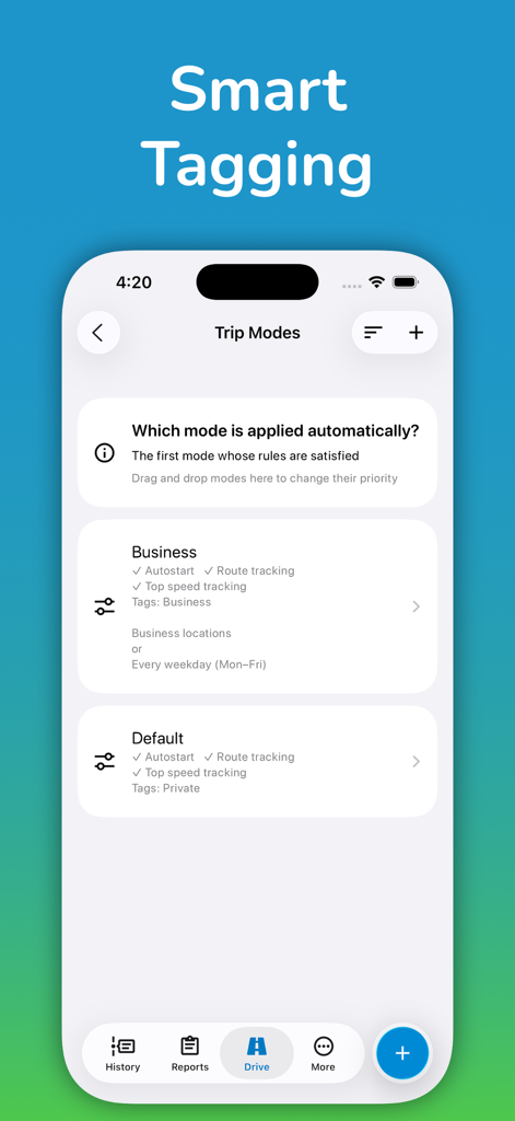 Motolog app interface showing smart tagging trip modes with automatic rules for business and private mileage tracking.