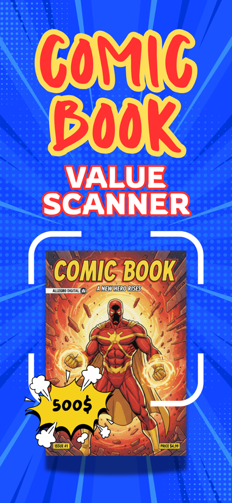 Uma HQ sendo escaneada pela interface do aplicativo mostrando a capa de um super-herói e uma estimativa de valor de quinhentos dólares