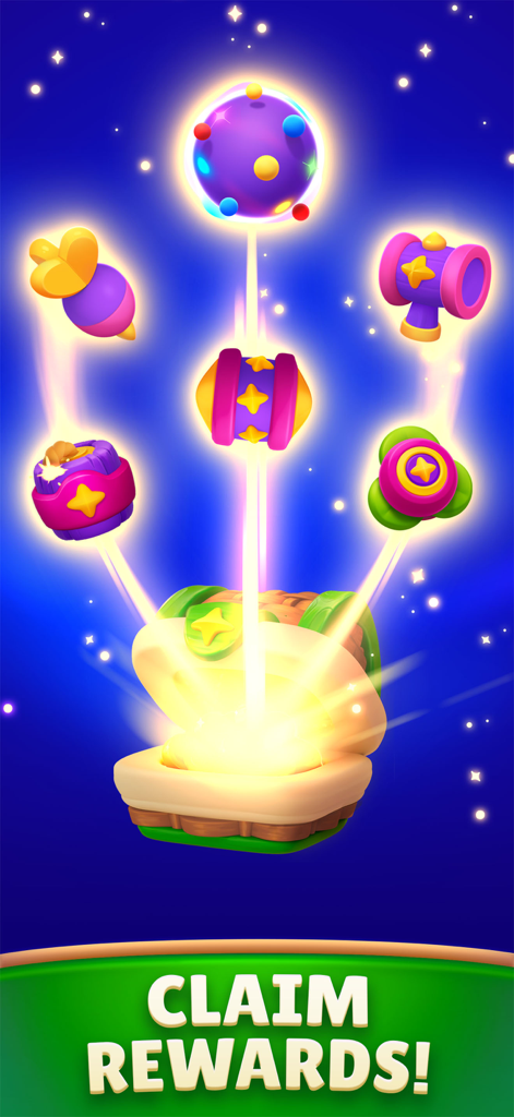My Lovely Planet Puzzle Match3 - A glowing treasure chest opening to reveal colorful game boosters and power ups with the text Claim Rewards