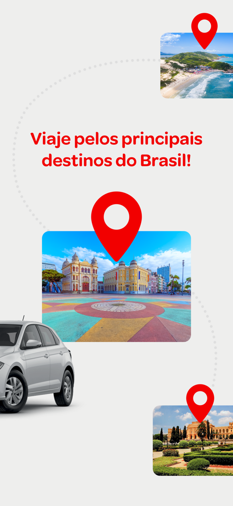 Carro hatchback prateado ao lado de fotos de marcos brasileiros com pinos de localização vermelhos