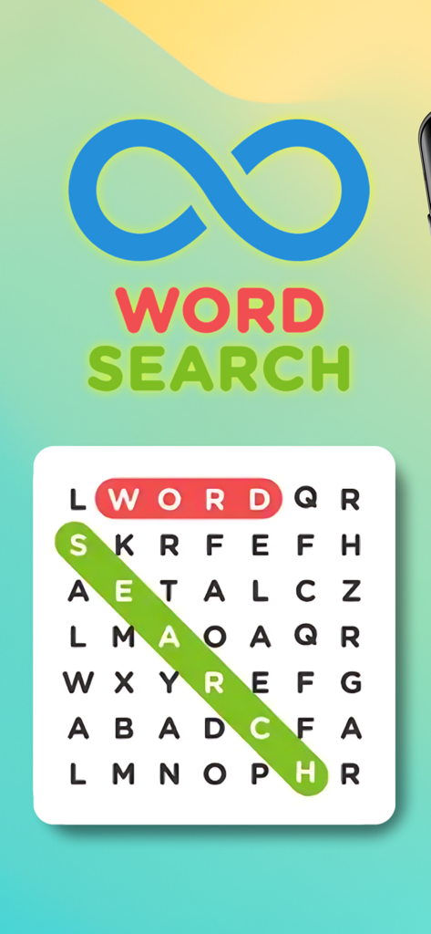 Infinite Word Search Puzzles app interface with infinity logo and word grid