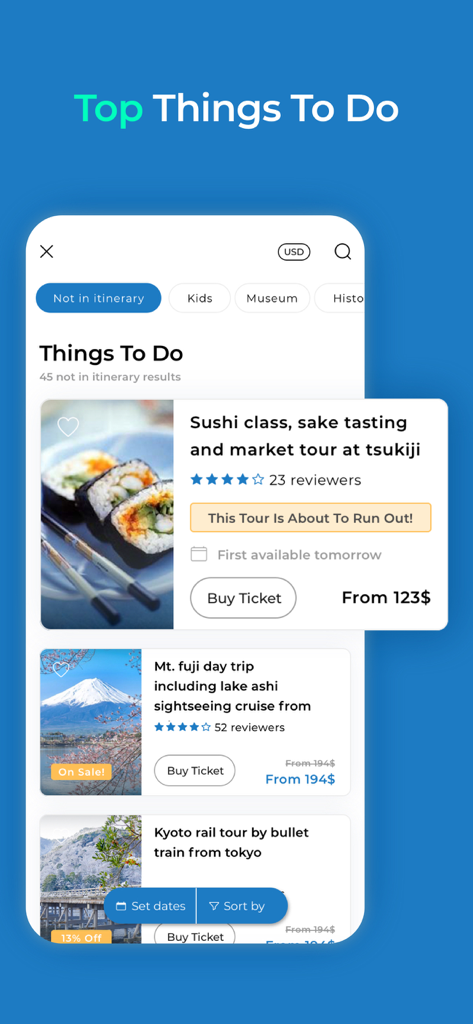 Visit A City - Mobile app screen showing travel tours and activities like a sushi class and Mt Fuji day trip with booking options