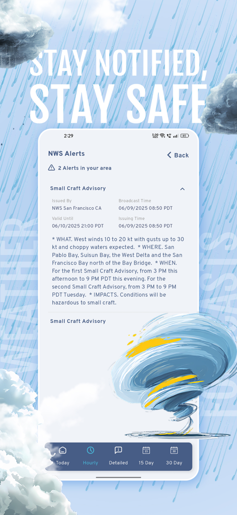 MyForecast - MyForecastアプリの異常気象アラート画面。小型船舶警報を示す米国国立気象局