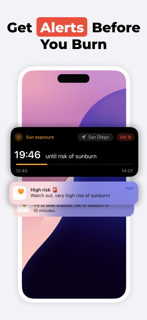 iPhone screen displaying SunSafe app notifications for sunburn risk and sun exposure live activity tracking