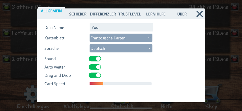 Pantalla general de configuración para la aplicación del juego de cartas SwissJass que muestra opciones de personalización