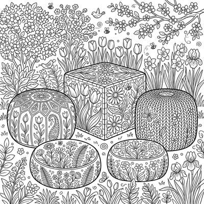 Step into a charming spring garden filled with stylish ottomans and cozy poufs, all adorned with intricate floral designs. This delightful coloring page offers a relaxing escape into a world of blooming beauty, perfect for all ages.