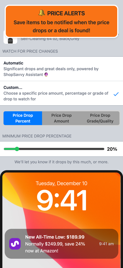 Interface for setting custom price drop alerts in the ShopSavvy app with a sample notification for an all-time low price