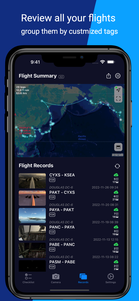 SimFly Pad - SimFly Pad app interface showing a summary map of flight paths and a detailed list of historical flight records with aircraft types