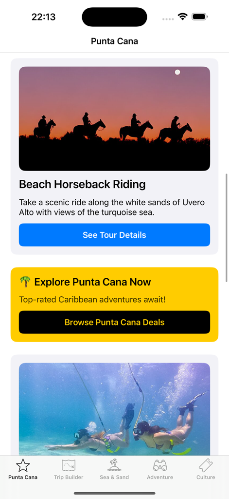 Interfaccia dell'app Punta Cana Travel che mostra opzioni di tour e avventure a cavallo sulla spiaggia