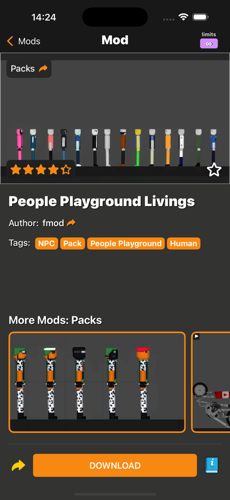 Fruit Mods for Fruit PG! - Mod selection screen in the Fruit Mods app featuring a pack of pixel characters for People Playground with a download button.