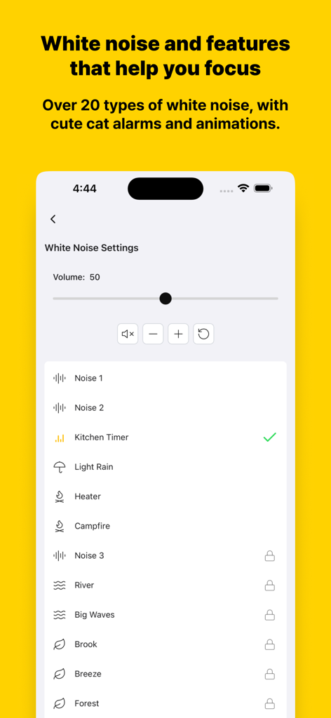 Pomocat - Adorable Focus Timer - Pomocat app interface showing white noise settings with a list of nature sounds and a volume slider