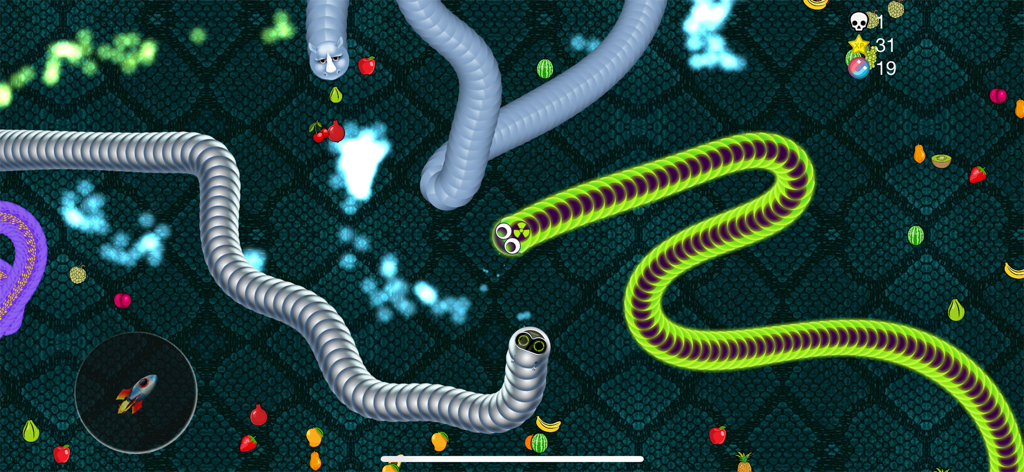 Multiplayer snake battle in Viper.io with various custom skins and fruit boosters