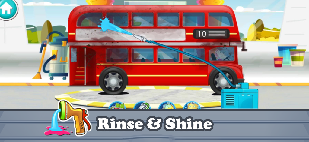 Car Wash Games: Little Carwash - Um ônibus de dois andares vermelho sendo enxaguado com uma mangueira de água no jogo Little Carwash