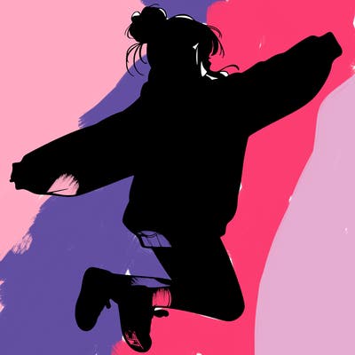 realistic girl jumping with a bun and oversized sweatshirt