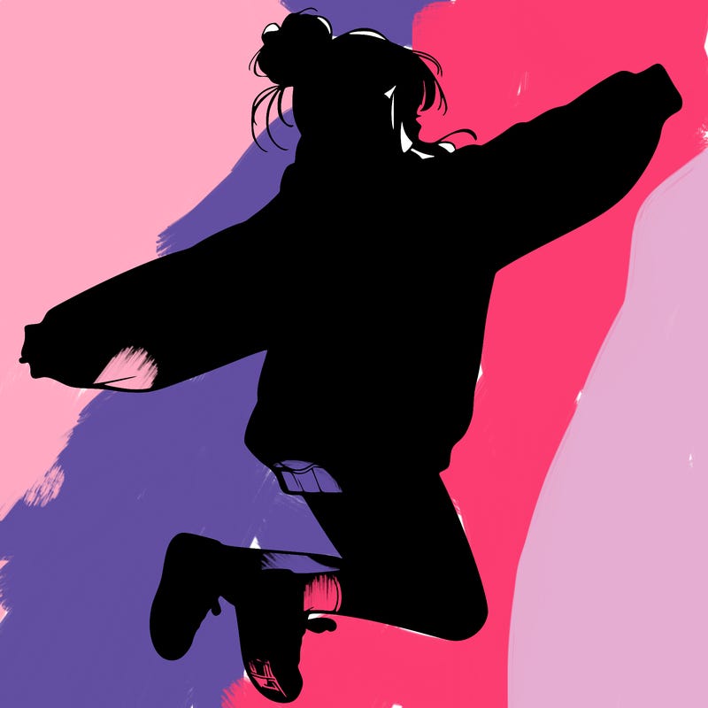 realistic girl jumping with a bun and oversized sweatshirt