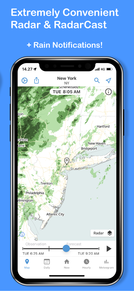 Foreca Weather app screenshot showing a detailed rain radar map of New York and surrounding regions