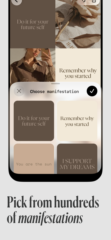 Vision Board Maker | Manifest - Una pantalla móvil que muestra una selección de tarjetas estéticas de manifestación y afirmación dentro de la aplicación Creador de Tableros de Visión.