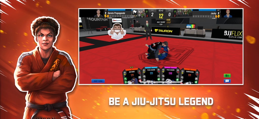 Gameplay of BeJJ Jiu-Jitsu strategy card game featuring a grappling match and tactical cards.