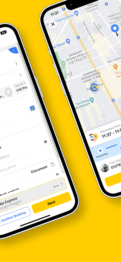 D2D One配送アプリのインターフェースで、追跡用のライブマップとエクスプレスロジスティクスサービスの予約画面が表示されています。