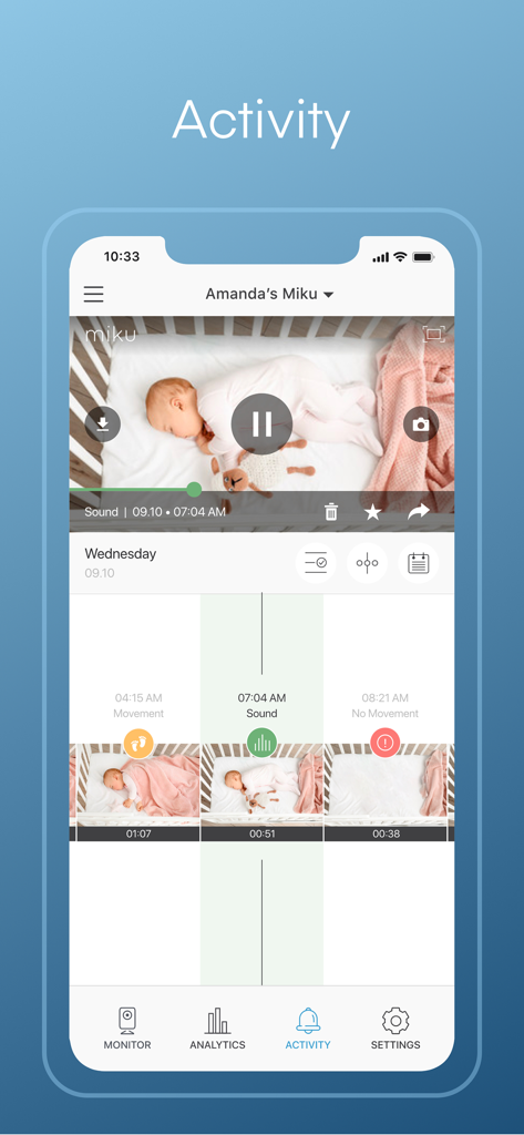 A tela de atividade do aplicativo Miku Baby Monitor mostrando uma linha do tempo de eventos de movimento e som do bebê.