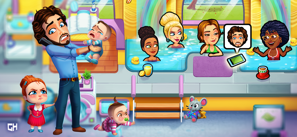Delicious - Moms vs Dads - A stressed father managing three young children while a group of moms relax in a pool in the background