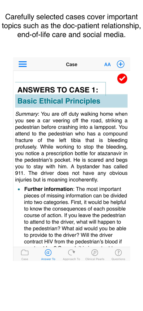 Interfaz de estudio de caso de ética médica que muestra un escenario sobre principios éticos básicos