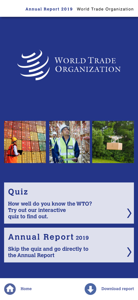 The home screen of the World Trade Organization app featuring the 2019 Annual Report and an interactive quiz.