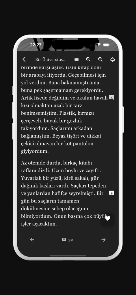 Kittap - Read & Write Books - Reading screen of the Kittap app showing story text in dark mode with comment and like icons