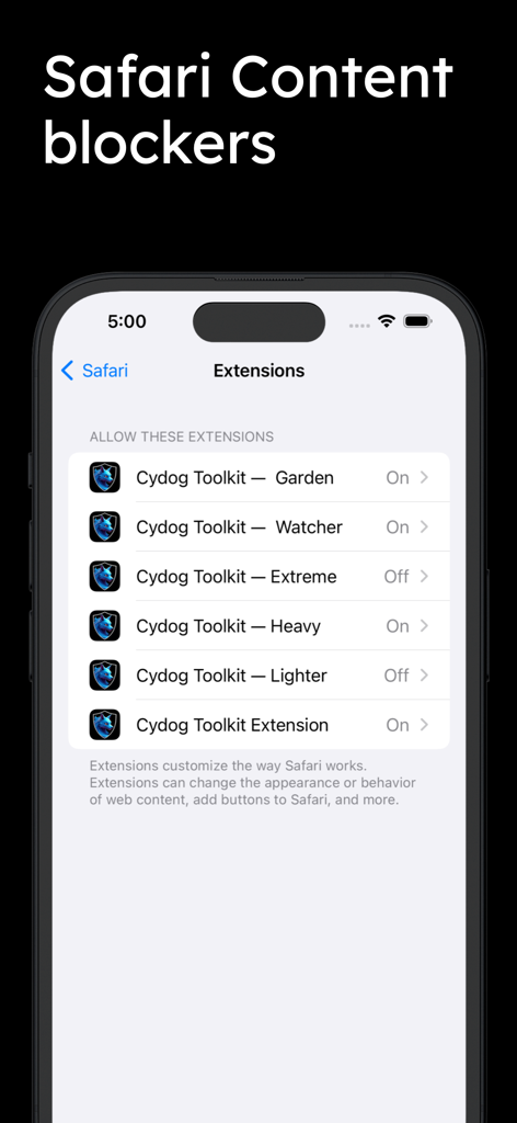 Cydog Toolkit - iPhone-Bildschirm, der Cydog Toolkit Safari-Inhaltsblocker-Erweiterungen wie Garden Watcher und Heavy-Modi zeigt.