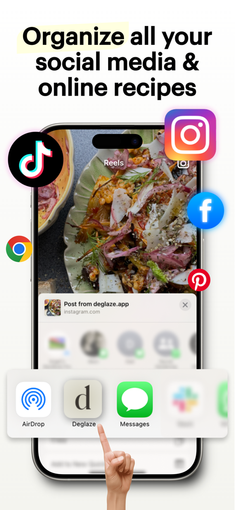 Deglaze: Cooking, Simplified - Smartphone showing how to save and organize recipes from social media platforms into the Deglaze app