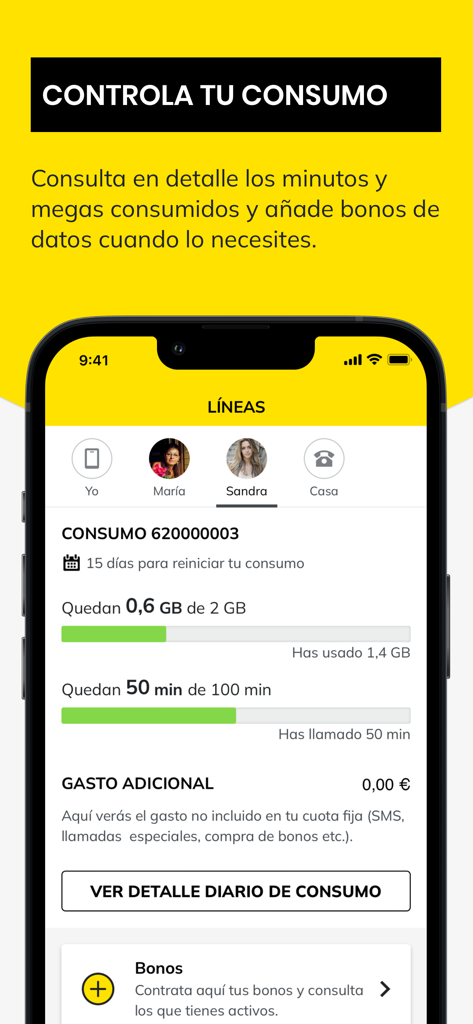 Interfaz de la aplicación MÁSMÓVIL mostrando el consumo de datos y minutos en varias líneas familiares.