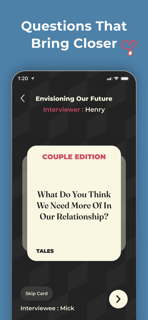 Una carta de conversación digital de la aplicación Tales que muestra una pregunta profunda para parejas sobre las necesidades de su relación.