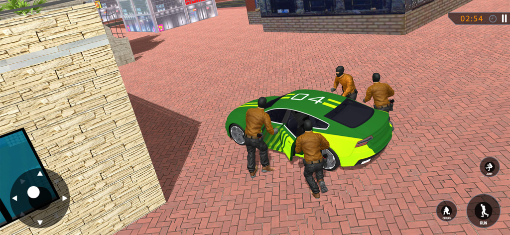 Thief  Sneak Robbery Simulator - 強盗シミュレーターゲームで、覆面とオレンジのジャケットを着た4人のキャラクターが緑のスポーツカーを取り囲んでいる